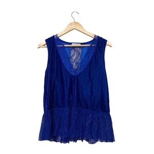 Live To Be Spoiled Royal Blue Velvet Lace Peplum Tank Top V-Neck Sleeveless L